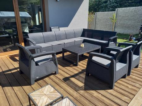 Zestaw ogrodowy dla 10 osób z narożnikiem, stołem podnoszonym i trzema fotelami Relly VII grafitowy