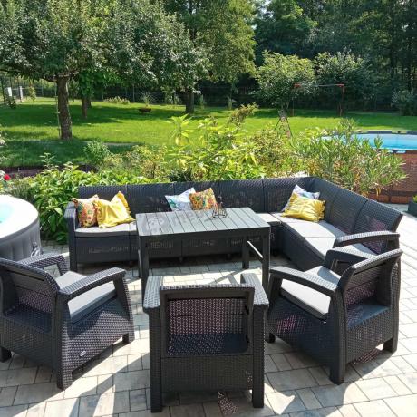 Zestaw ogrodowy dla 10 osób z narożnikiem, stołem podnoszonym i trzema fotelami Relly VII grafitowy