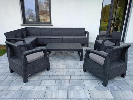 Zestaw ogrodowy dla 10 osób z narożnikiem, stołem podnoszonym i trzema fotelami Relly VII grafitowy