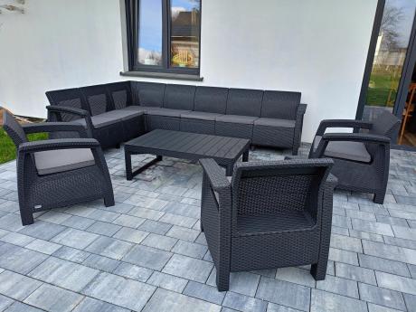 Zestaw ogrodowy dla 10 osób z narożnikiem, stołem podnoszonym i trzema fotelami Relly VII grafitowy