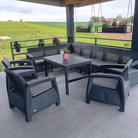 Zestaw ogrodowy dla 10 osób z narożnikiem, stołem podnoszonym i trzema fotelami Relly VII grafitowy