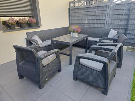 Zestaw ogrodowy dla 10 osób z narożnikiem, stołem podnoszonym i trzema fotelami Relly VII grafitowy