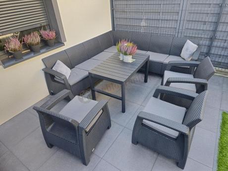 Zestaw ogrodowy dla 10 osób z narożnikiem, stołem podnoszonym i trzema fotelami Relly VII grafitowy