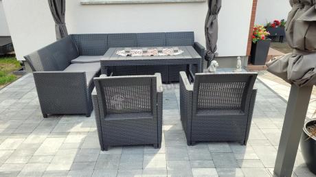 Zestaw ogrodowy dla 8 osób narożnik Nedler VI, stół podnoszony i dwa fotele - grafit