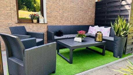 Zestaw ogrodowy dla 8 osób narożnik Nedler VI, stół podnoszony i dwa fotele - grafit