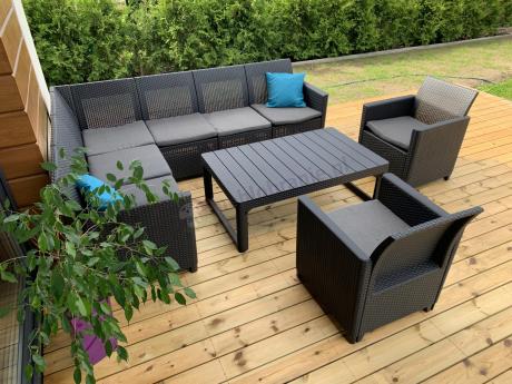 Zestaw ogrodowy dla 8 osób narożnik Nedler VI, stół podnoszony i dwa fotele - grafit