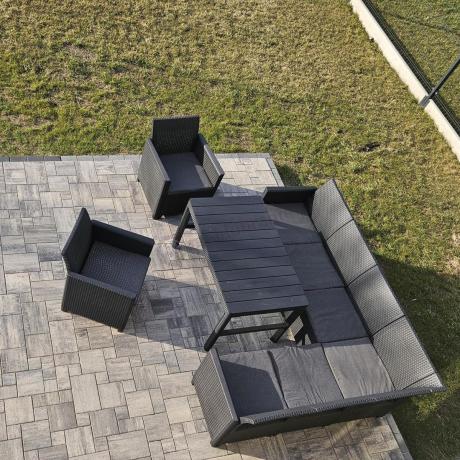 Zestaw ogrodowy dla 8 osób narożnik Nedler VI, stół podnoszony i dwa fotele - grafit