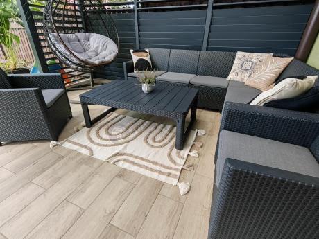 Zestaw ogrodowy dla 8 osób narożnik Nedler VI, stół podnoszony i dwa fotele - grafit