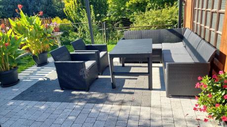 Zestaw ogrodowy dla 8 osób narożnik Nedler VI, stół podnoszony i dwa fotele - grafit