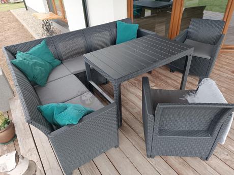 Zestaw ogrodowy dla 8 osób narożnik Nedler VI, stół podnoszony i dwa fotele - grafit