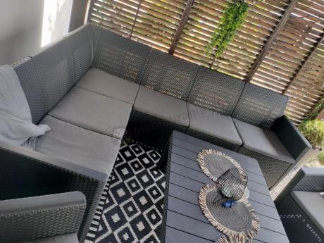 Zestaw ogrodowy dla 8 osób narożnik Nedler VI, stół podnoszony i dwa fotele - grafit