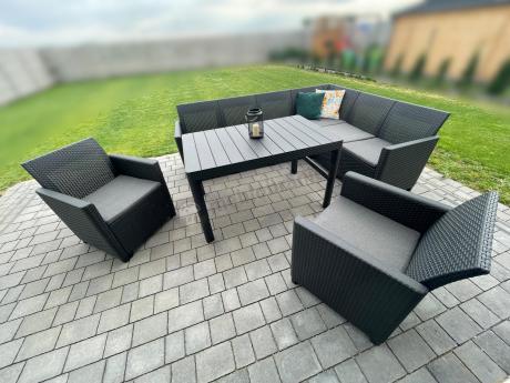 Zestaw ogrodowy dla 8 osób narożnik Nedler VI, stół podnoszony i dwa fotele - grafit