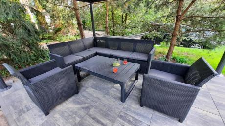 Zestaw ogrodowy dla 8 osób narożnik Nedler VI, stół podnoszony i dwa fotele - grafit