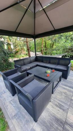 Zestaw ogrodowy dla 8 osób narożnik Nedler VI, stół podnoszony i dwa fotele - grafit