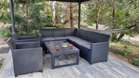 Zestaw ogrodowy dla 8 osób narożnik Nedler VI, stół podnoszony i dwa fotele - grafit
