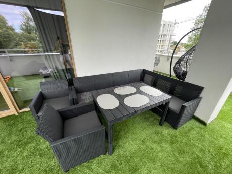 Zestaw ogrodowy dla 8 osób narożnik Nedler VI, stół podnoszony i dwa fotele - grafit