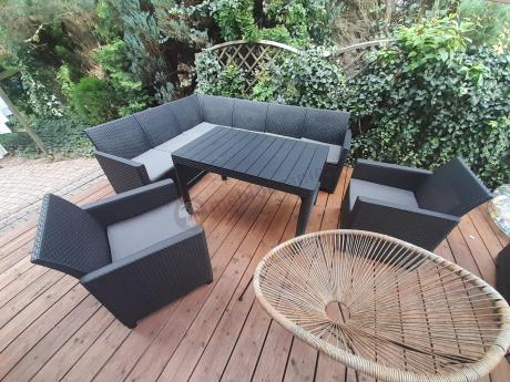 Zestaw ogrodowy dla 8 osób narożnik Nedler VI, stół podnoszony i dwa fotele - grafit