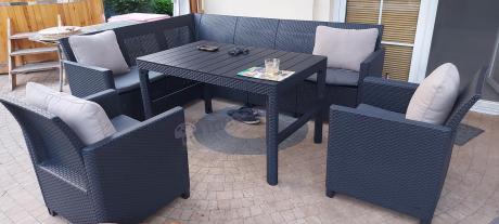 Zestaw ogrodowy dla 8 osób narożnik Nedler VI, stół podnoszony i dwa fotele - grafit