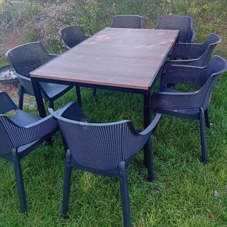 Zestaw ogrodowy Portis Slim dla 8 osób ze stołem 160cm w kolorze orzecha i fotelami