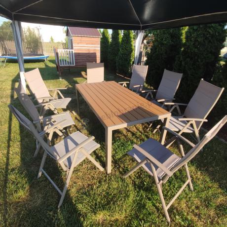 Zestaw ogrodowy stół 180cm i 8 regulowanych krzeseł aluminiowych - Kanbery Wood Taupe 8+1