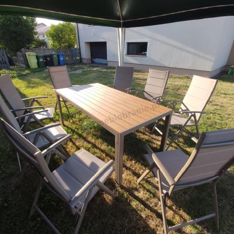 Zestaw ogrodowy stół 180cm i 8 regulowanych krzeseł aluminiowych - Kanbery Wood Taupe 8+1