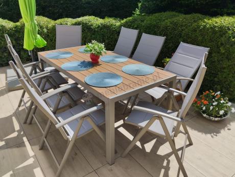 Zestaw ogrodowy stół 180cm i 8 regulowanych krzeseł aluminiowych - Kanbery Wood Taupe 8+1