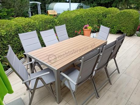 Zestaw ogrodowy stół 180cm i 8 regulowanych krzeseł aluminiowych - Kanbery Wood Taupe 8+1