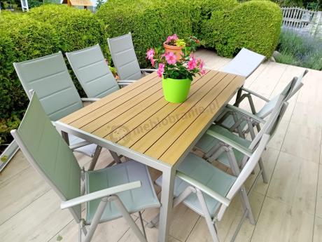 Zestaw ogrodowy stół 180cm i 8 regulowanych krzeseł aluminiowych - Kanbery Wood Taupe 8+1