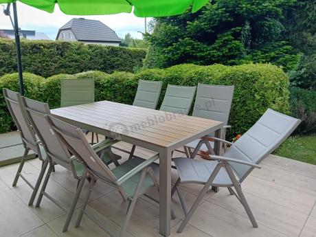 Zestaw ogrodowy stół 180cm i 8 regulowanych krzeseł aluminiowych - Kanbery Wood Taupe 8+1