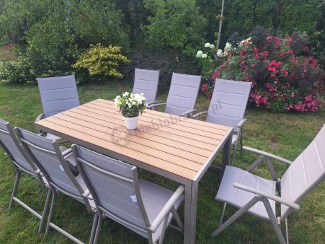 Zestaw ogrodowy stół 180cm i 8 regulowanych krzeseł aluminiowych - Kanbery Wood Taupe 8+1