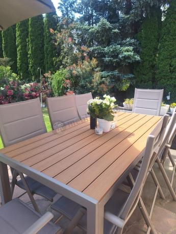 Zestaw ogrodowy stół 180cm i 8 regulowanych krzeseł aluminiowych - Kanbery Wood Taupe 8+1
