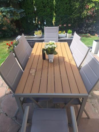 Zestaw ogrodowy stół 180cm i 8 regulowanych krzeseł aluminiowych - Kanbery Wood Taupe 8+1