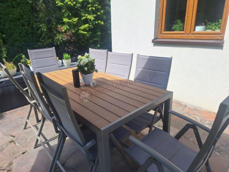 Zestaw ogrodowy stół 180cm i 8 regulowanych krzeseł aluminiowych - Kanbery Wood Taupe 8+1