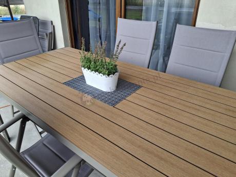 Zestaw ogrodowy stół 180cm i 8 regulowanych krzeseł aluminiowych - Kanbery Wood Taupe 8+1