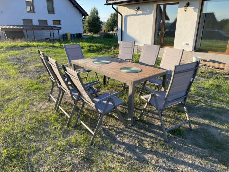 Zestaw ogrodowy stół 180cm i 8 regulowanych krzeseł aluminiowych - Kanbery Wood Taupe 8+1