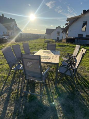 Zestaw ogrodowy stół 180cm i 8 regulowanych krzeseł aluminiowych - Kanbery Wood Taupe 8+1