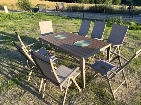 Zestaw ogrodowy stół 180cm i 8 regulowanych krzeseł aluminiowych - Kanbery Wood Taupe 8+1