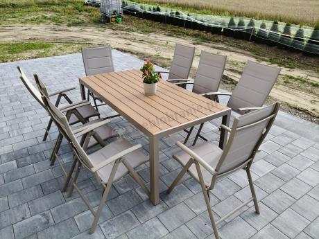 Zestaw ogrodowy stół 180cm i 8 regulowanych krzeseł aluminiowych - Kanbery Wood Taupe 8+1