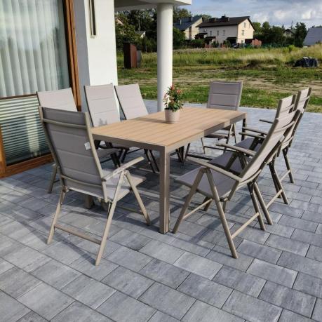 Zestaw ogrodowy stół 180cm i 8 regulowanych krzeseł aluminiowych - Kanbery Wood Taupe 8+1