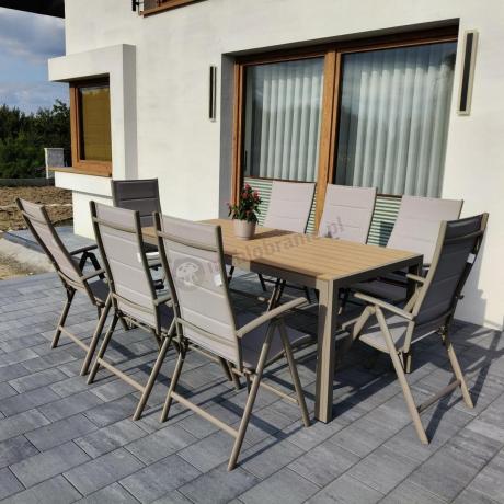 Zestaw ogrodowy stół 180cm i 8 regulowanych krzeseł aluminiowych - Kanbery Wood Taupe 8+1