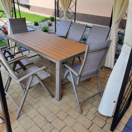 Zestaw ogrodowy stół 180cm i 8 regulowanych krzeseł aluminiowych - Kanbery Wood Taupe 8+1