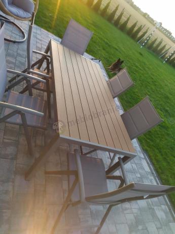 Zestaw ogrodowy stół 180cm i 8 regulowanych krzeseł aluminiowych - Kanbery Wood Taupe 8+1