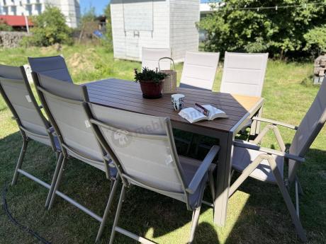 Zestaw ogrodowy stół 180cm i 8 regulowanych krzeseł aluminiowych - Kanbery Wood Taupe 8+1