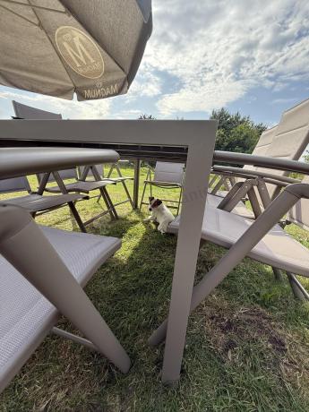 Zestaw ogrodowy stół 180cm i 8 regulowanych krzeseł aluminiowych - Kanbery Wood Taupe 8+1