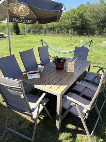 Zestaw ogrodowy stół 180cm i 8 regulowanych krzeseł aluminiowych - Kanbery Wood Taupe 8+1