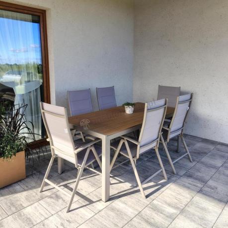 Zestaw ogrodowy stół 180cm i 8 regulowanych krzeseł aluminiowych - Kanbery Wood Taupe 8+1