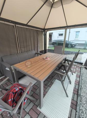 Zestaw ogrodowy stół 180cm i 8 regulowanych krzeseł aluminiowych - Kanbery Wood Taupe 8+1