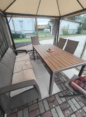 Zestaw ogrodowy stół 180cm i 8 regulowanych krzeseł aluminiowych - Kanbery Wood Taupe 8+1