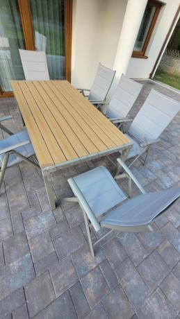 Zestaw ogrodowy stół 180cm i 8 regulowanych krzeseł aluminiowych - Kanbery Wood Taupe 8+1