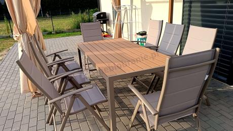 Zestaw ogrodowy stół 180cm i 8 regulowanych krzeseł aluminiowych - Kanbery Wood Taupe 8+1